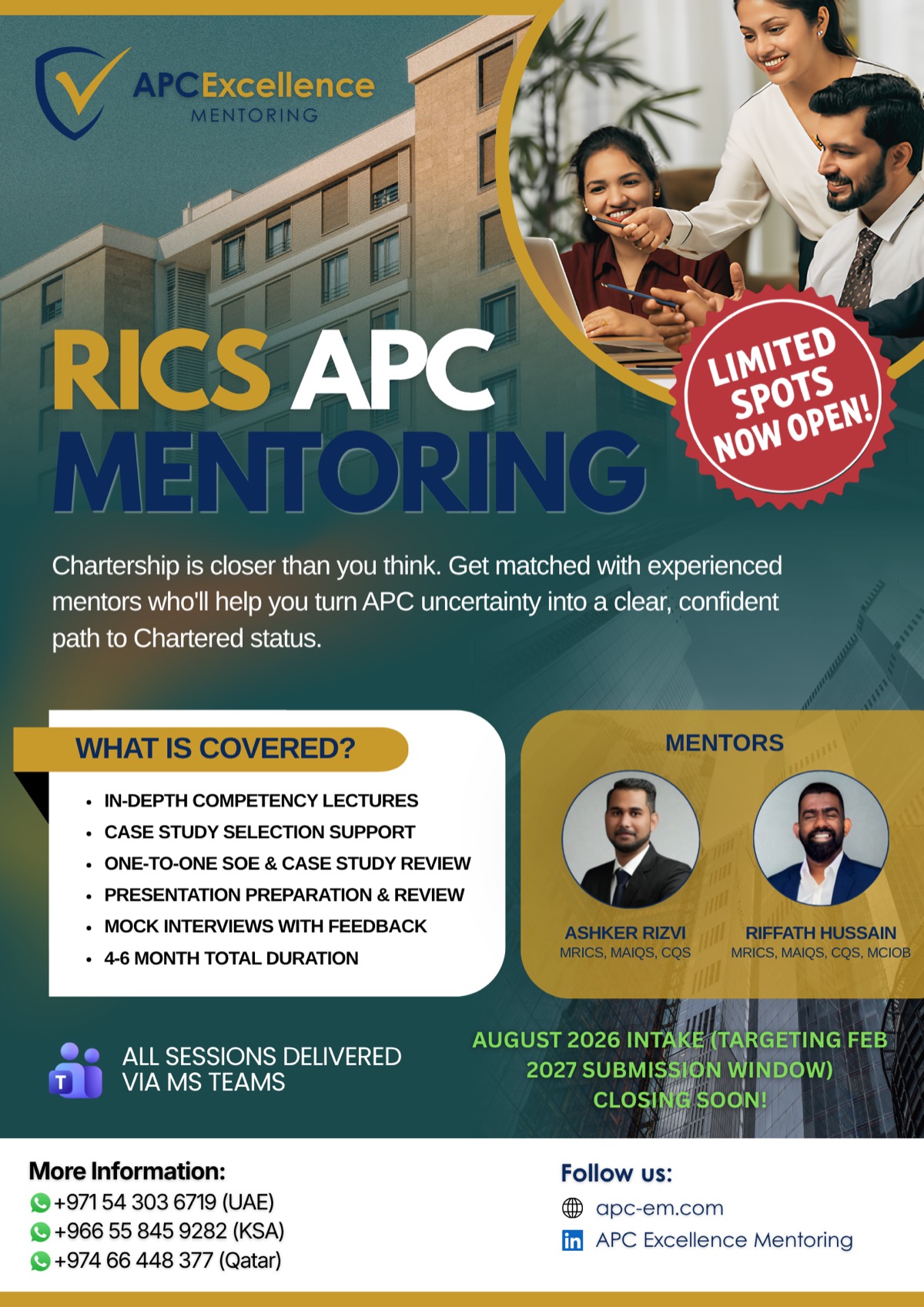 Flyer for the RICS APC mentoring programme, showing what the programme covers and the two mentors