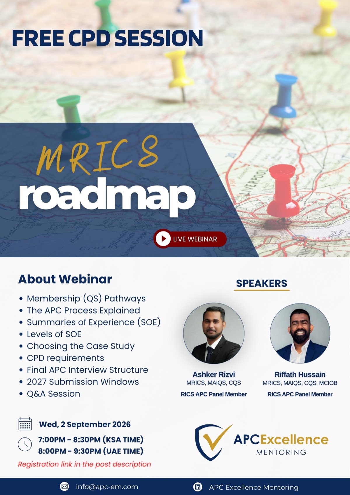 Flyer for the free CPD session on the MRICS roadmap, Wednesday 2 September 2026