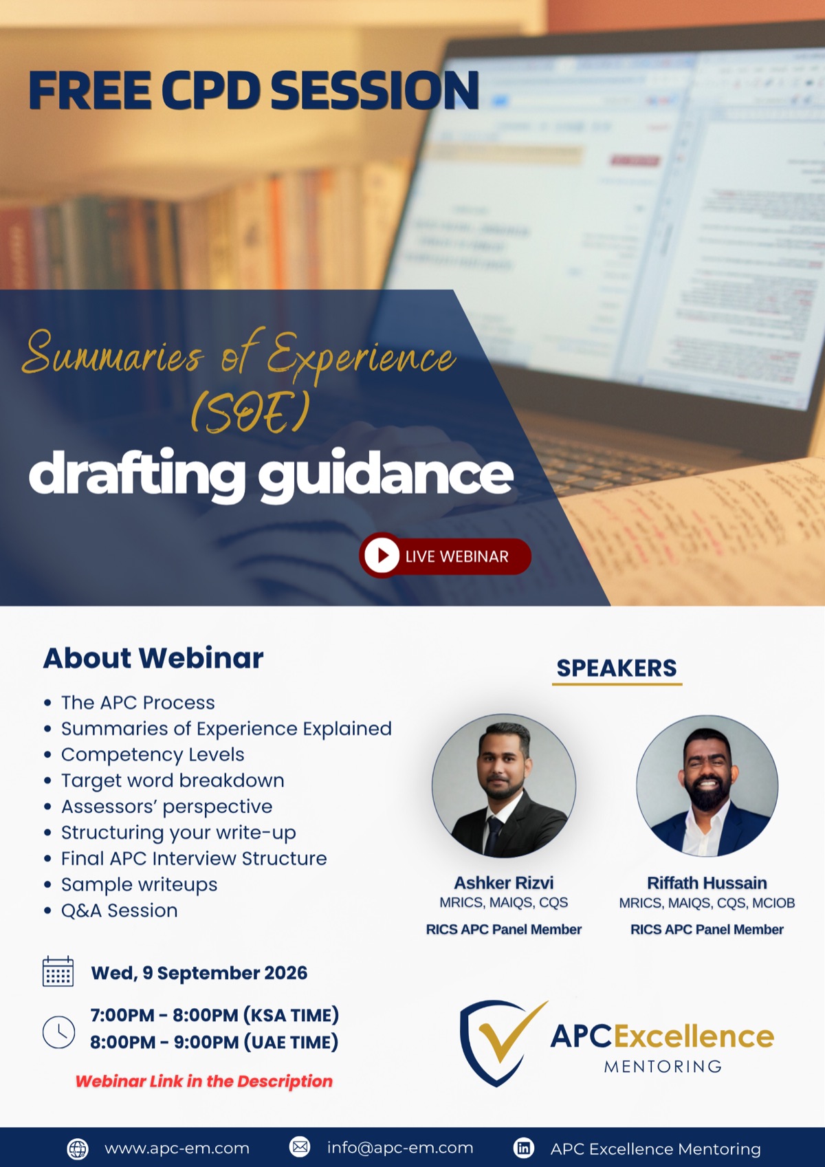 Flyer for the free CPD session on Summaries of Experience drafting guidance, Wednesday 9 September 2026